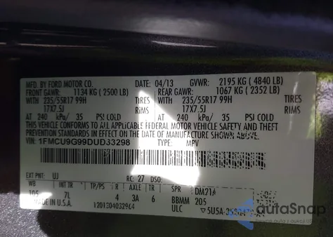 2013 Ford Escape Se из США, поврежденный, VIN 1FMCU9G99DUD33298